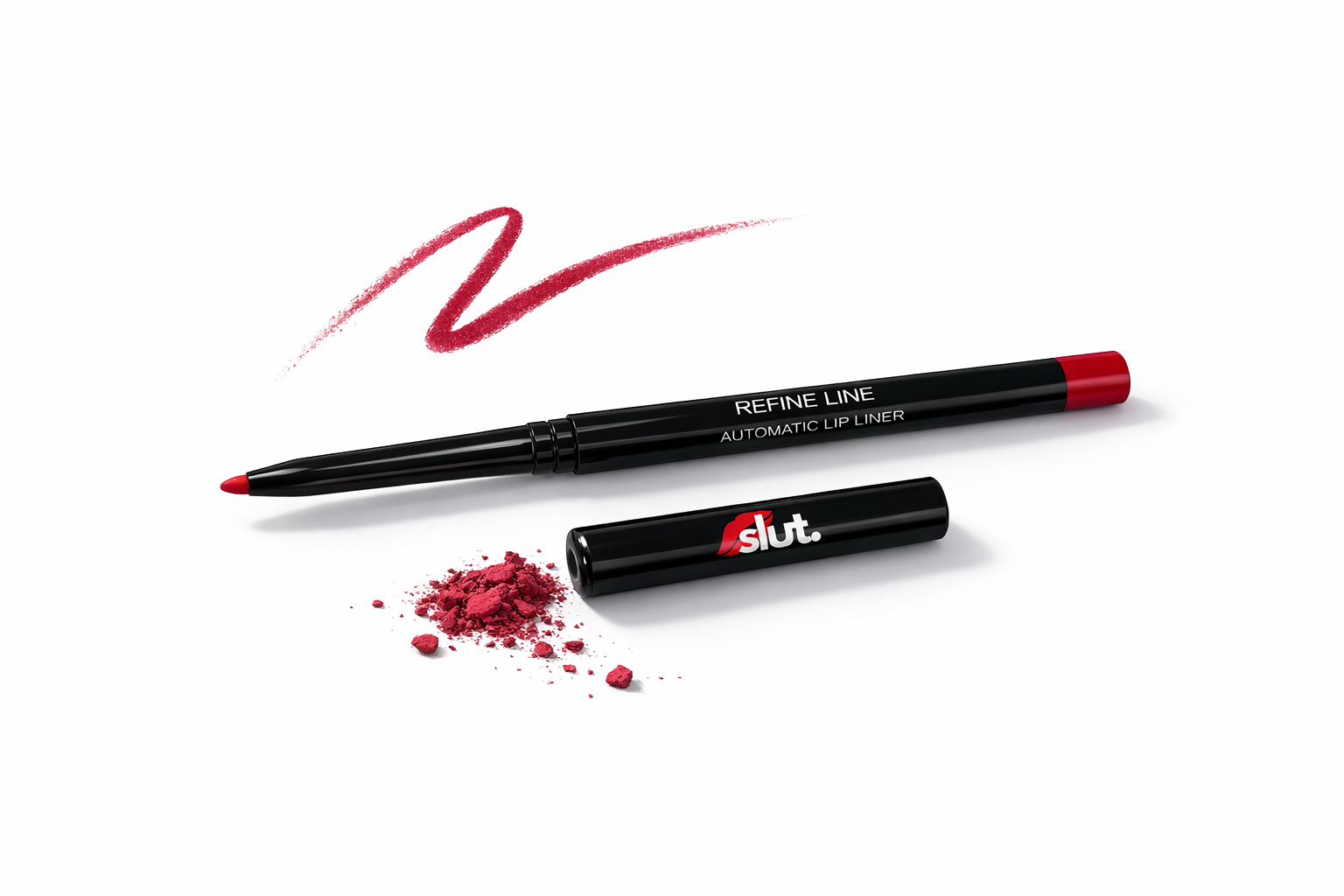 Lip liner with red powder and 'slut' branding on a white background