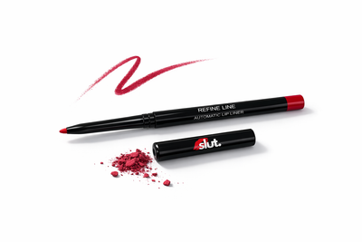 Lip liner with red powder and 'slut' branding on a white background